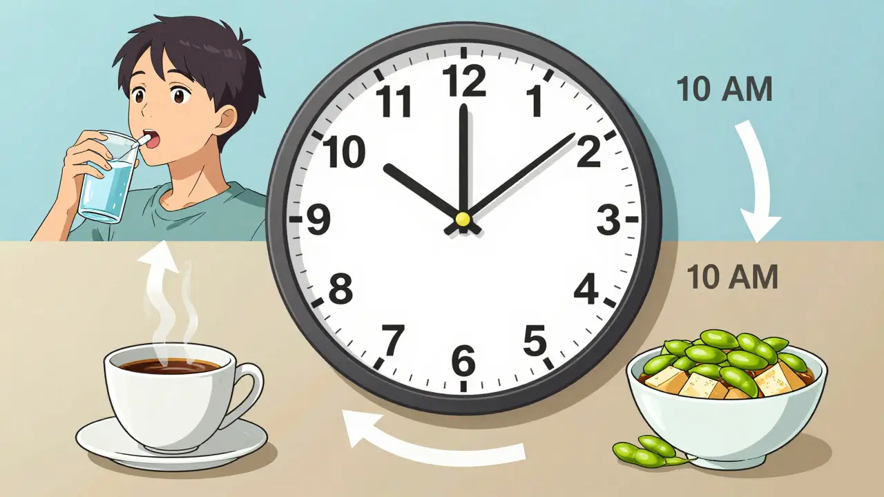 Anime timeline illustrating proper spacing between meds, coffee, and soy