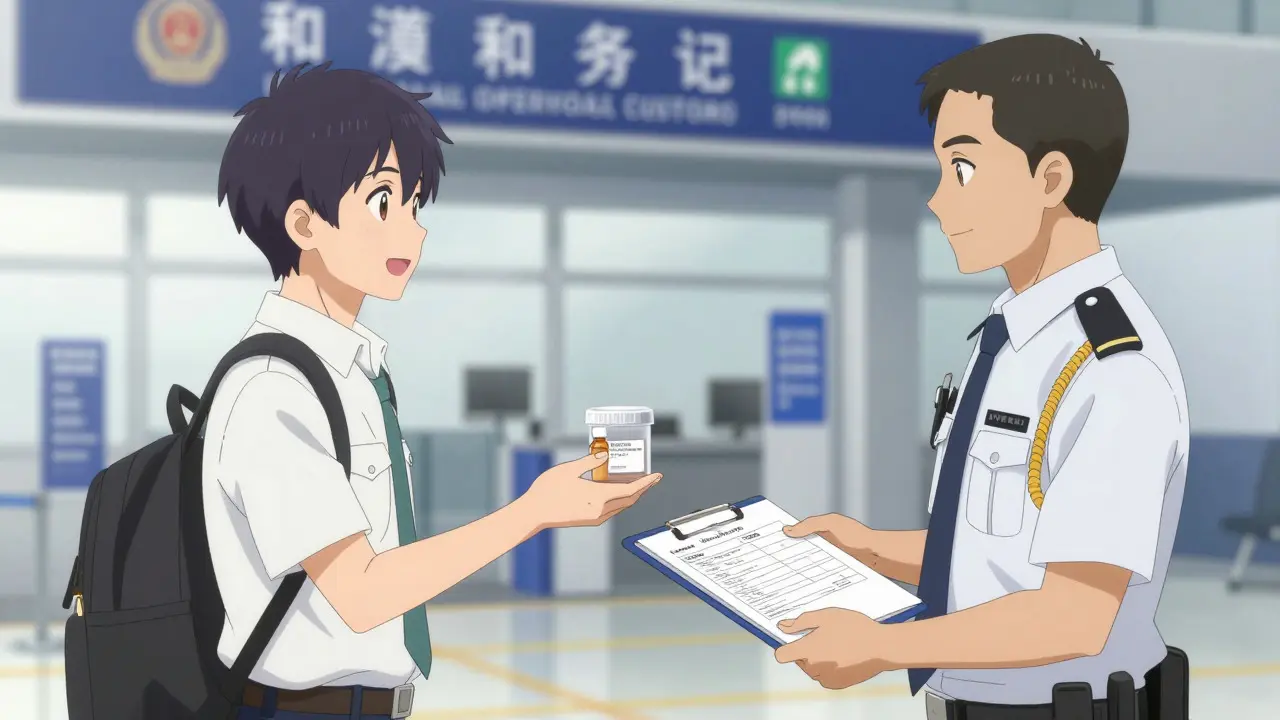 Anime traveler presenting organized medication and documents to a customs officer at a border checkpoint