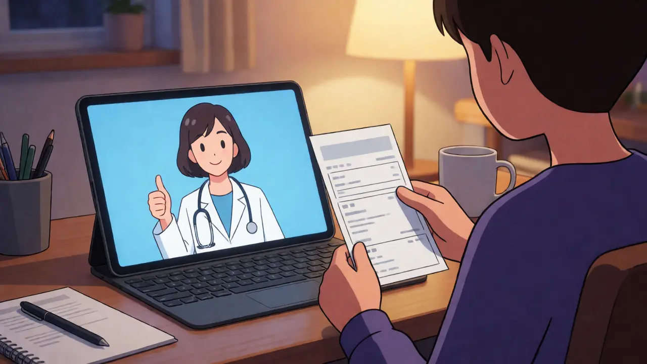 Character consulting with an anime doctor via tablet for a prescription.