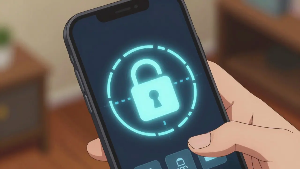 Close-up of a phone showing a secure digital vault interface with a glowing fingerprint icon
