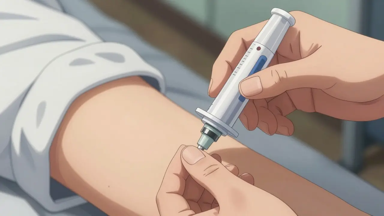Close-up of hands using an epinephrine auto-injector on a thigh