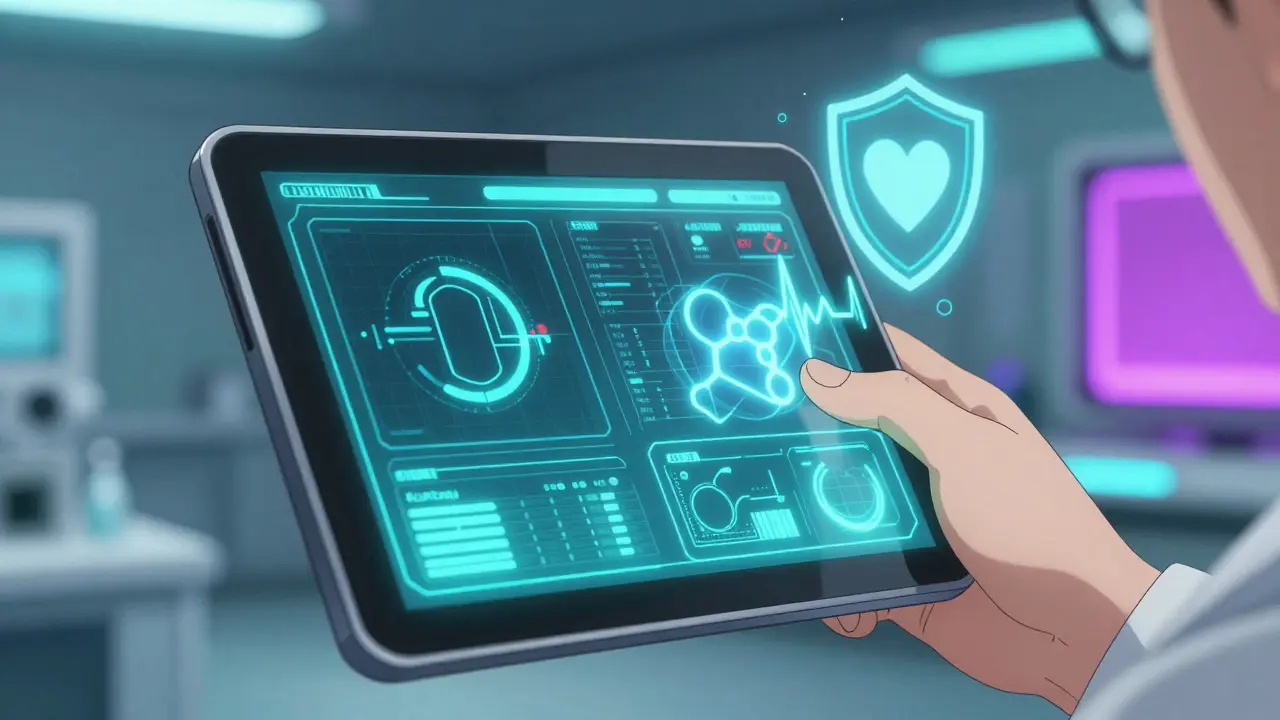 Close up of medical tablet showing abstract kidney health metrics in anime style.