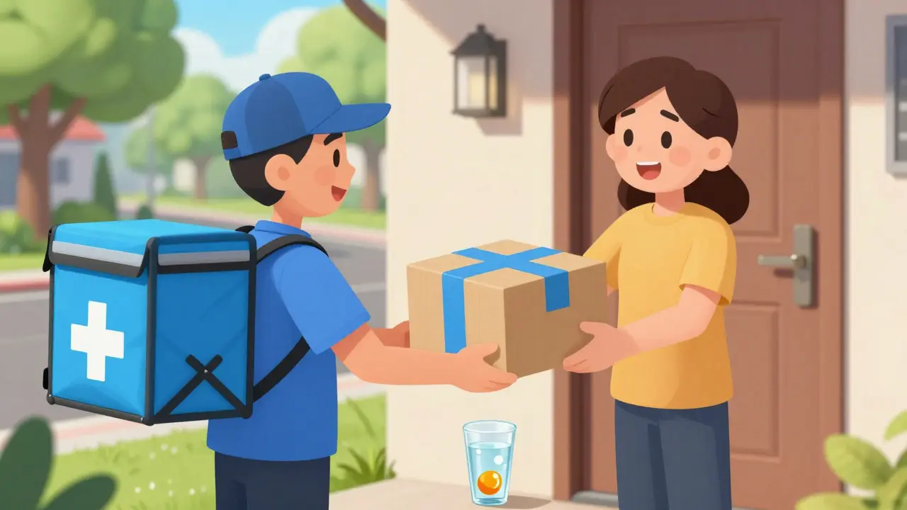 Delivery driver handing medicine package to happy customer
