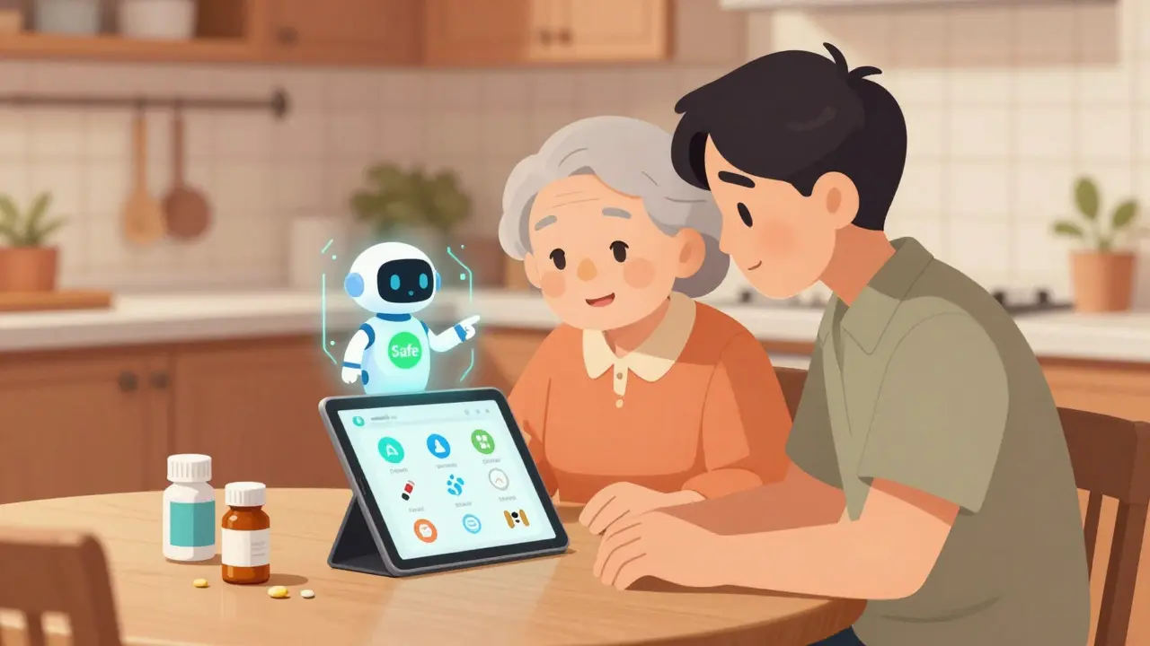 Elderly person and caregiver using simple med app together