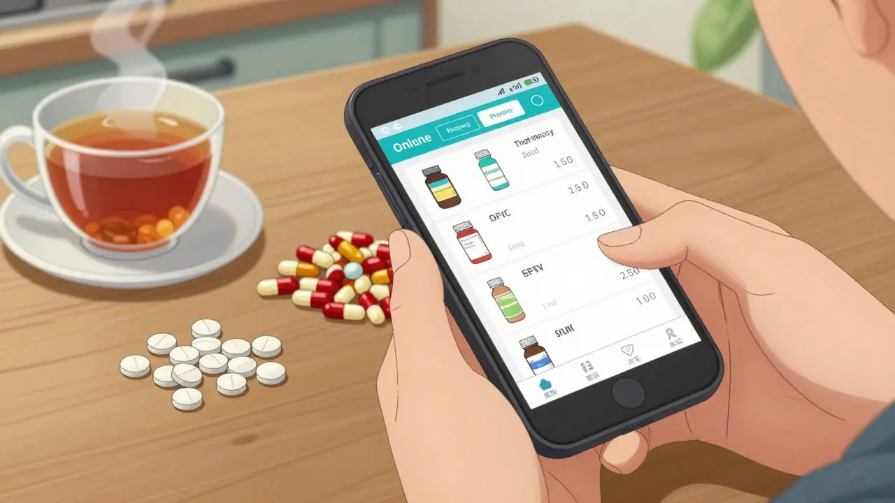 Hands comparing OTC and Rx pills next to smartphone in anime style