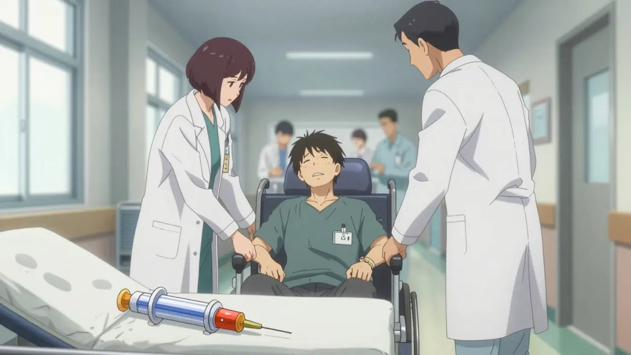 Patient being wheeled through a hospital corridor after emergency treatment