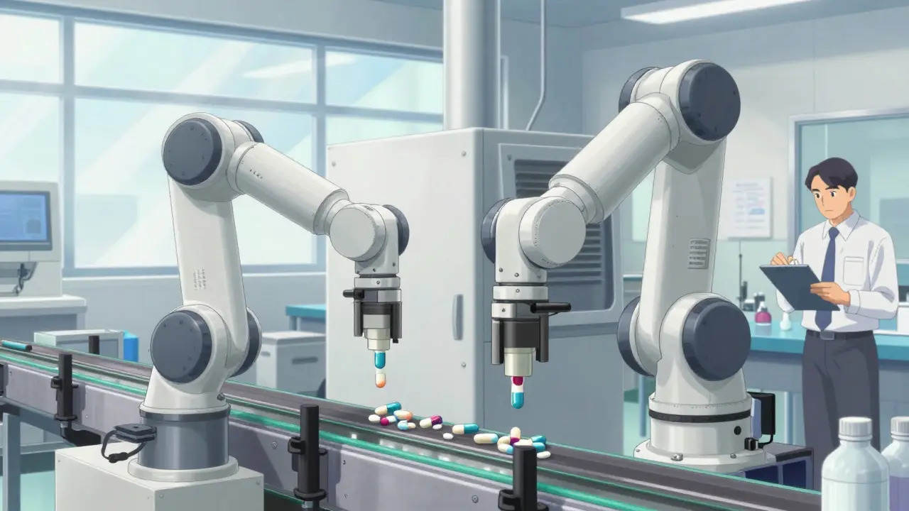 Robotic arms filling capsules in a clean, inspected manufacturing plant