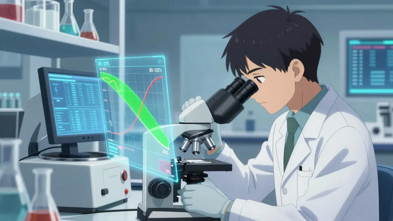 Scientist analyzing blood samples with holographic bioequivalence data