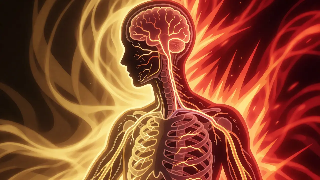 Abstract anime visualization of pain and sleep deprivation neural loops.