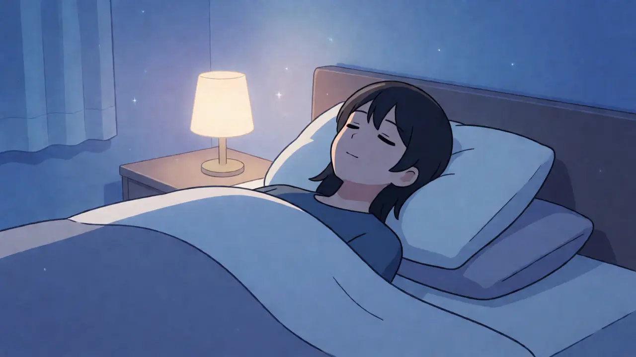 Person sleeping peacefully with supportive pillows in a cool bedroom.