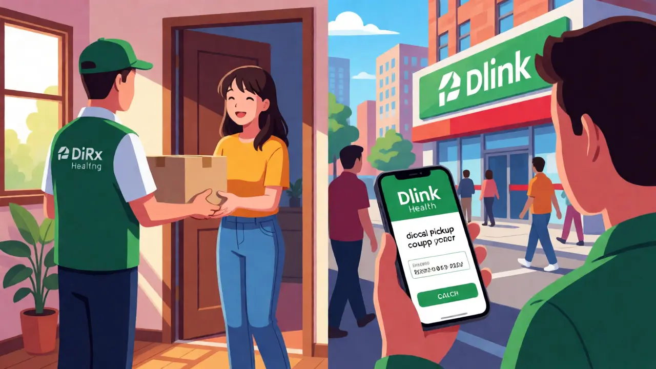 Split screen showing home medication delivery and local pharmacy pickup with discount codes.