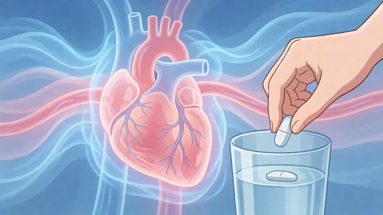 Stylized anatomical heart with energy waves next to a hand placing a pill in water.